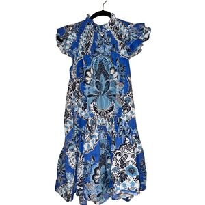 Love the Label Dress XS‎ Blue White Floral Smocked Neck Ruffle Sleeve